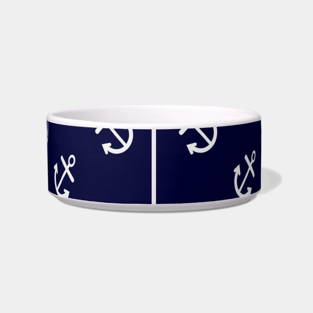 White Anchors Navy Blue Background Pattern Bowl (Back)