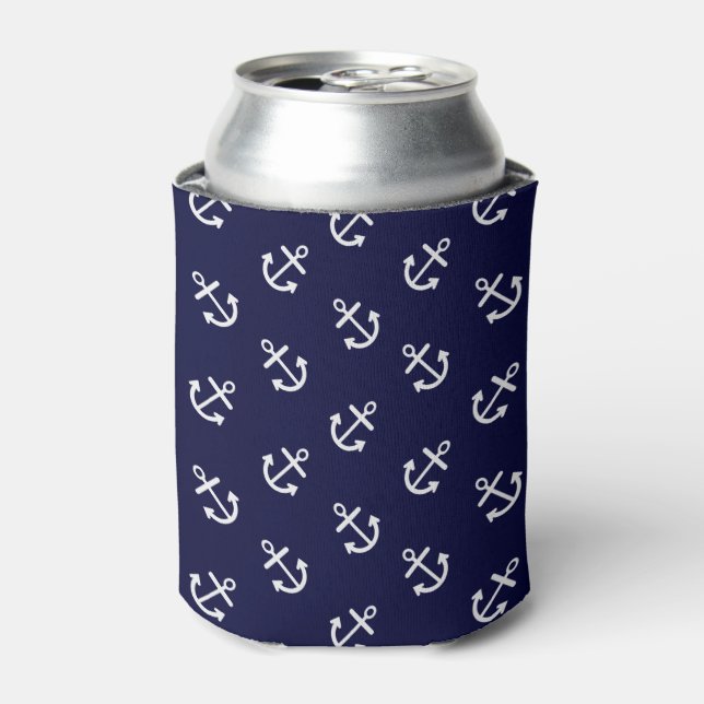 White Anchors Navy Blue Background Pattern Can Cooler (Can Front)