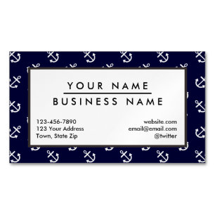 White Anchors Navy Blue Background Pattern Magnetic Business Card