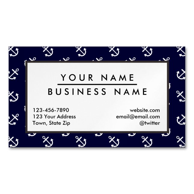 White Anchors Navy Blue Background Pattern Magnetic Business Card (Front)