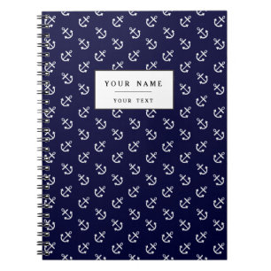 White Anchors Navy Blue Background Pattern Notebook