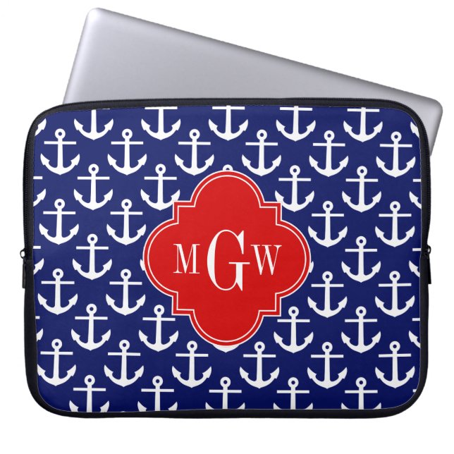 White Anchors Navy Blue, Red 3 Initial Monogram Laptop Sleeve (Front)