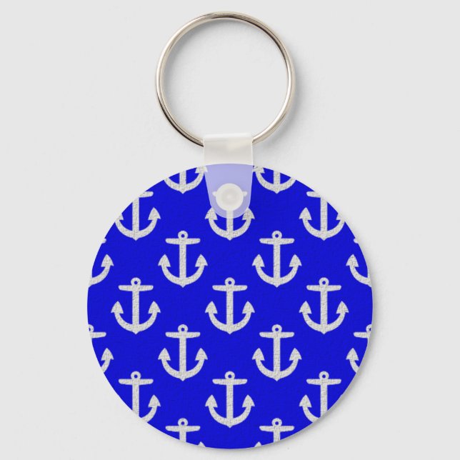 White Anchors On Blue Background Keychain (Front)