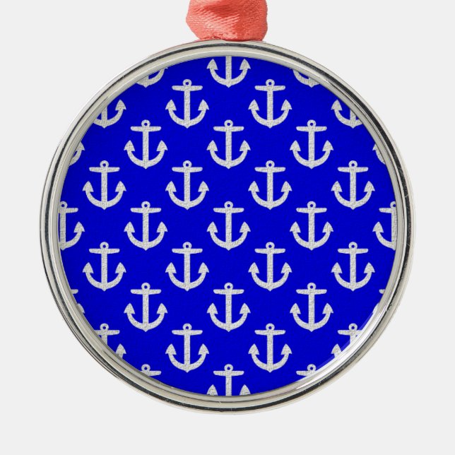 White Anchors On Blue Background Metal Ornament (Front)