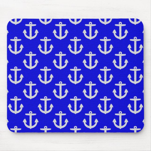 White Anchors On Blue Background Mouse Pad (Front)