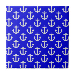 White Anchors On Blue Background Tile