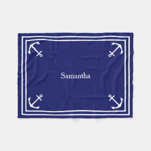 White Anchors on Navy Blue Personalized Fleece Blanket