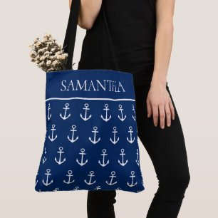 White Anchors on Navy Blue Personalized Tote Bag