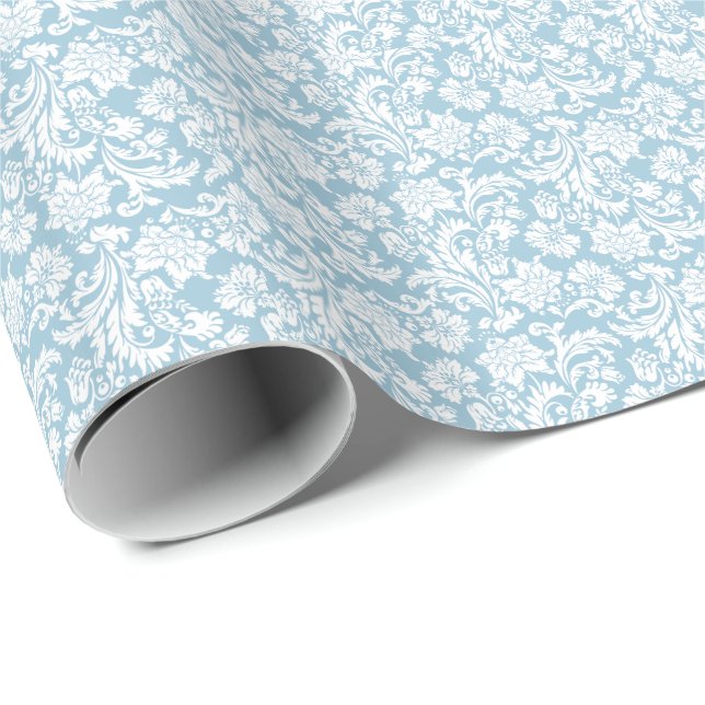 White And Baby Blue Floral Damasks Pattern Wrapping Paper (Roll Corner)