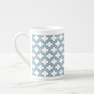 White and Baby Blue Trellis, Lattice, Quatrefoil Bone China Mug