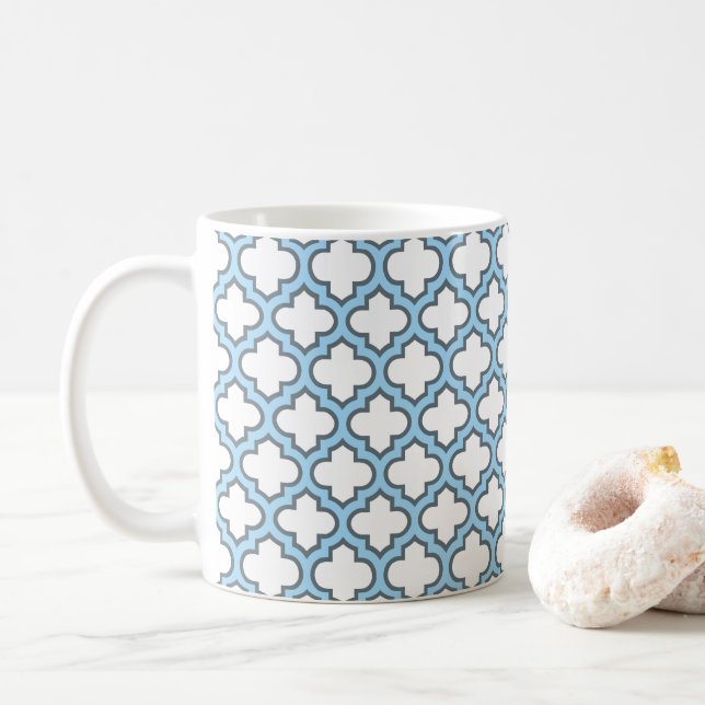 White and Baby Blue Trellis, Lattice, Quatrefoil Coffee Mug (With Donut)