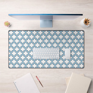 White and Baby Blue Trellis, Lattice, Quatrefoil Desk Mat