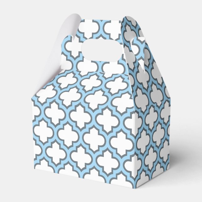 White and Baby Blue Trellis, Lattice, Quatrefoil Favor Box (Front Side)