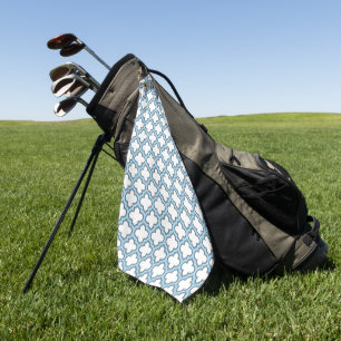 White and Baby Blue Trellis, Lattice, Quatrefoil Golf Towel