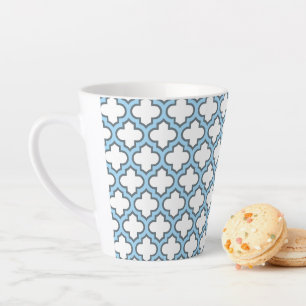 White and Baby Blue Trellis, Lattice, Quatrefoil Latte Mug