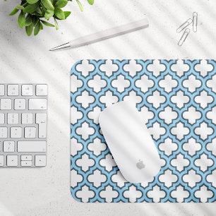 White and Baby Blue Trellis, Lattice, Quatrefoil Mouse Pad