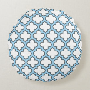White and Baby Blue Trellis, Lattice, Quatrefoil Round Pillow