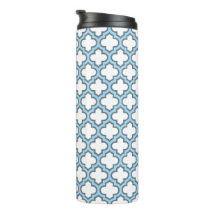 White and Baby Blue Trellis, Lattice, Quatrefoil Thermal Tumbler