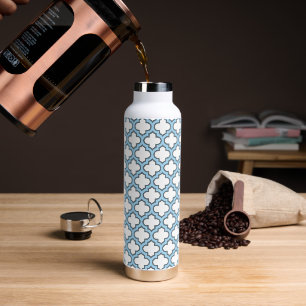 White and Baby Blue Trellis, Lattice, Quatrefoil Water Bottle