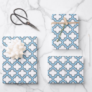 White and Baby Blue Trellis, Lattice, Quatrefoil Wrapping Paper Sheet