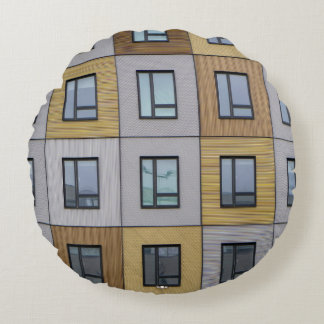 White and beige building windows round pillow
