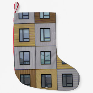 White and beige building windows small christmas stocking