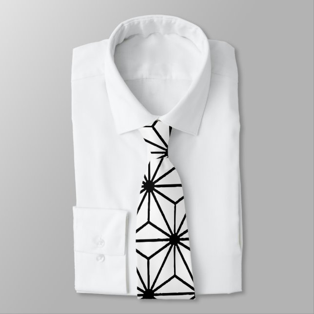 White and Black Art Deco Style Triangles Pattern Tie (Tied)