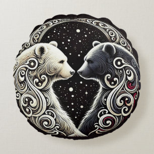 White and Black Bears in a Yin Yang Design Round Pillow