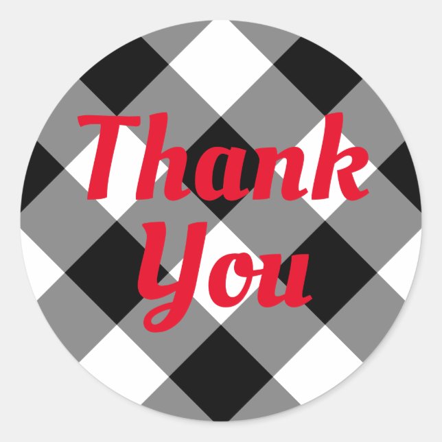 White and Black Buffalo Plaid Thank You Classic Round Sticker (Front)