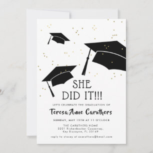 White and Black Cap Gold Glitter Graduation Invitation