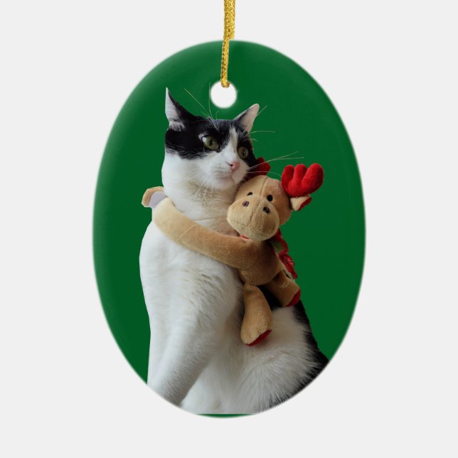 White and Black Cat & Reindeer Christmas Toy Ceramic Ornament (Front)