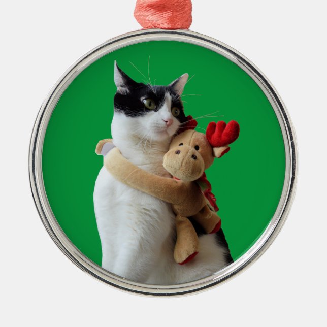 White and Black Cat & Reindeer Christmas Toy Metal Ornament (Front)