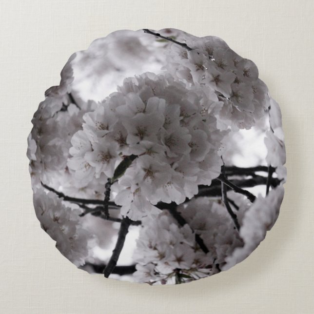 White and Black Cherry Blossoms Round Pillow (Front)