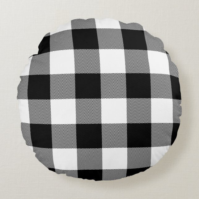 White and Black Chevron Buffalo Plaid Round Pillow (Front)