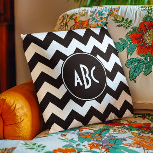 White and Black Chevron Monogram Throw Pillow