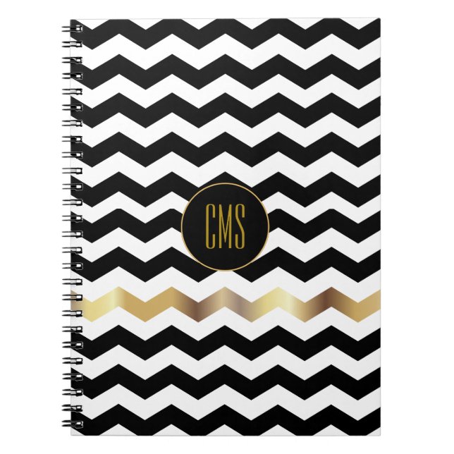White and Black Chevron Pattern | Monogram Notebook (Front)