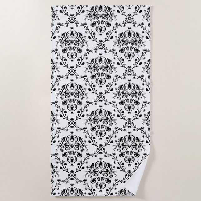 White and Black Damask Beach Towel (Front)