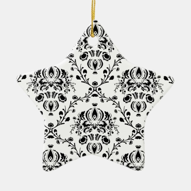 White and Black Damask Ceramic Ornament (Front)