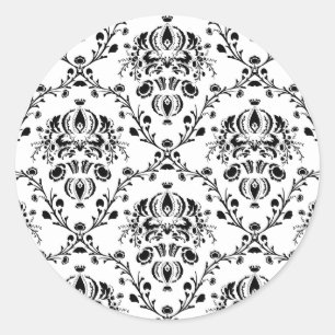 White and Black Damask Classic Round Sticker