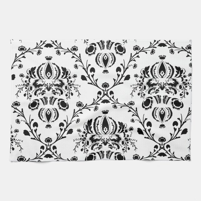 White and Black Damask Kitchen Towel (Horizontal)