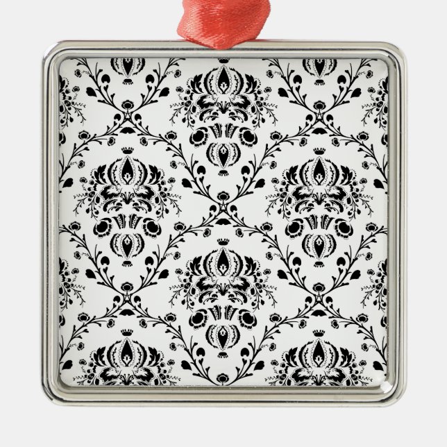 White and Black Damask Metal Ornament (Front)
