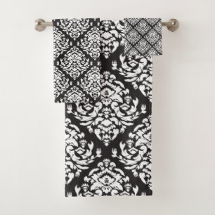White and Black Damask Pattern Bath Towel Set