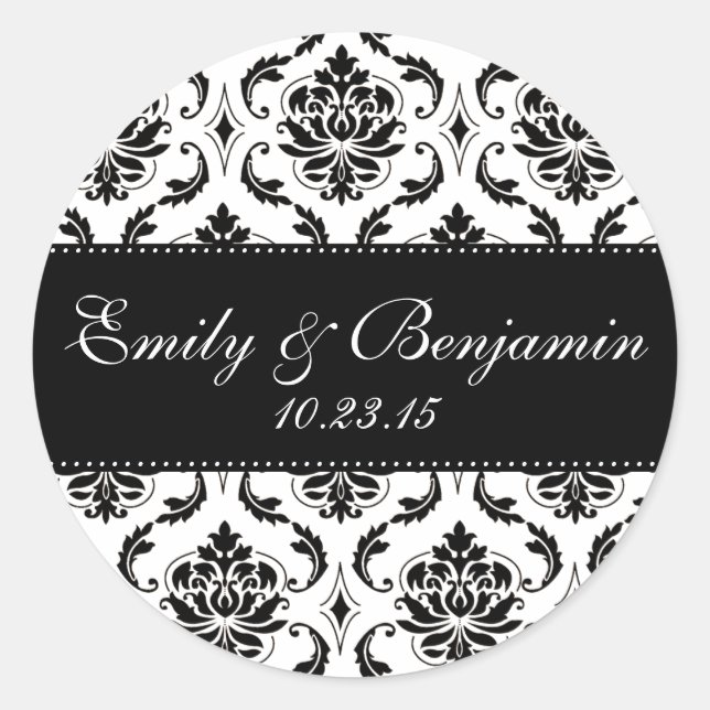White and Black Damask Wedding Favour Classic Round Sticker (Front)