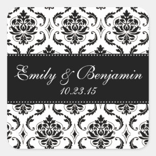 White and Black Damask Wedding Favour Square Sticker