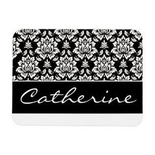 White and Black Damask with Customizable Name Magnet