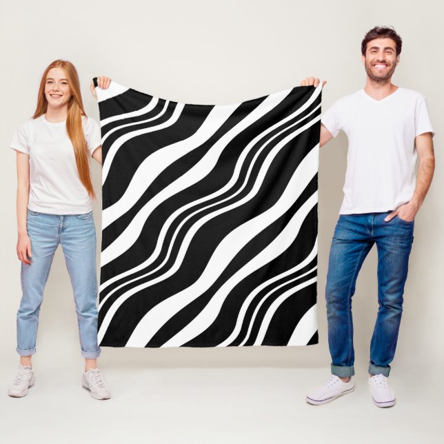 White and Black Diagonal Wavy Lines Pattern Fleece Blanket (In Situ)