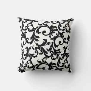 White and Black Elegant Damask Throw Pillow
