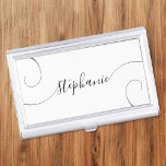 White and Black Elegant Script Curly Name Business Card Holder<br><div class="desc">An elegant signature style script name design with extra curly tails.
You can customize the white background and black font colours.
Customize the font size or move it as needed for longer or shorter names.
Create your own business card case for her.</div>