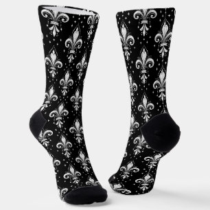 White and black fleur-de-lis seamless pattern socks