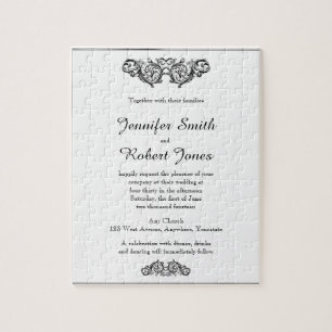 White and Black Floral Filigree Wedding Invitation Jigsaw Puzzle